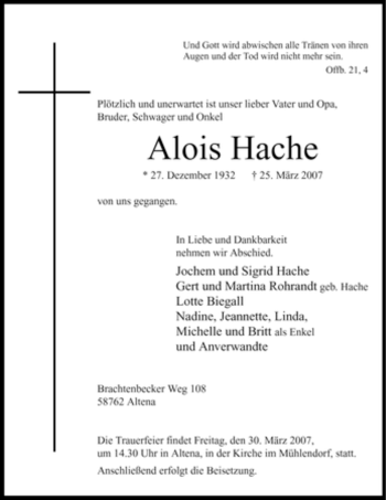 Todesanzeige von Alois Hache von WESTFÄLISCHER ANZEIGER
