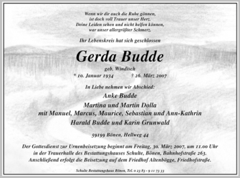 Todesanzeige von Gerda Budde von WESTFÄLISCHER ANZEIGER