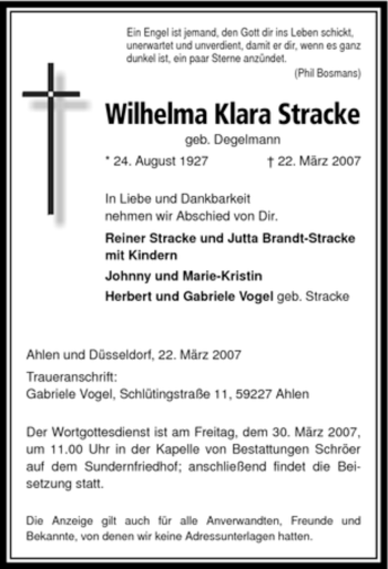 Todesanzeige von Wilhelma Klara Stracke von WESTFÄLISCHER ANZEIGER