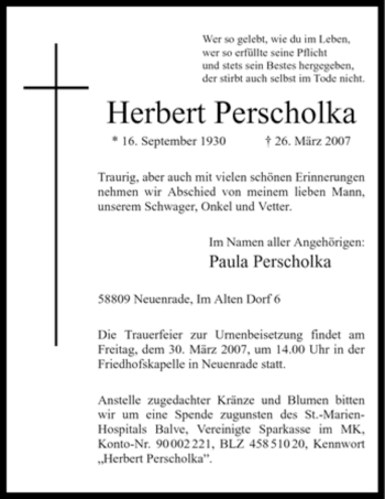 Todesanzeige von Herbert Perscholka von WESTFÄLISCHER ANZEIGER