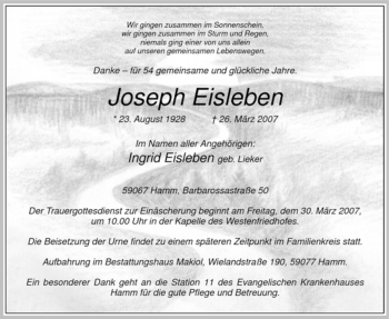Todesanzeige von Joseph Eisleben von WESTFÄLISCHER ANZEIGER