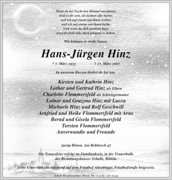 Todesanzeige von Hans-Jürgen Hinz von WESTFÄLISCHER ANZEIGER