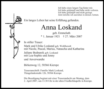 Todesanzeige von Anna Loskand von WESTFÄLISCHER ANZEIGER