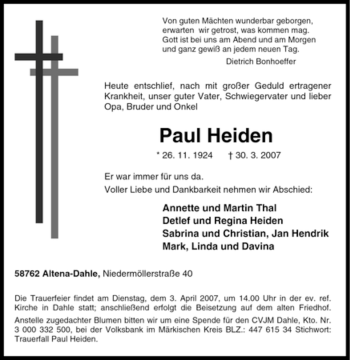Todesanzeige von Paul Heiden von WESTFÄLISCHER ANZEIGER