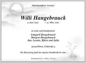 Todesanzeige von Willi Hangebrauck von WESTFÄLISCHER ANZEIGER