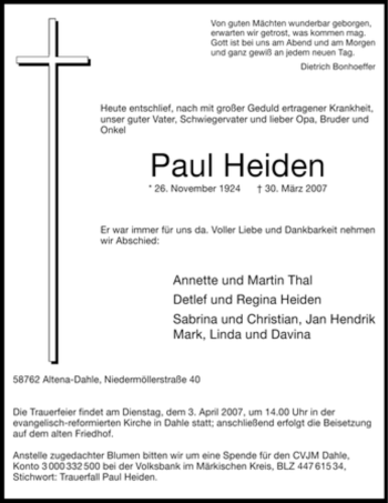 Todesanzeige von Paul Heiden von WESTFÄLISCHER ANZEIGER