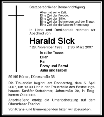 Todesanzeige von Harald Sick von WESTFÄLISCHER ANZEIGER