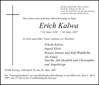 Todesanzeige von Erich Kalwa von WESTFÄLISCHER ANZEIGER