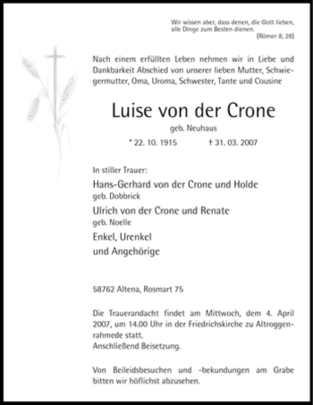 Todesanzeige von Luise von der Crone von WESTFÄLISCHER ANZEIGER