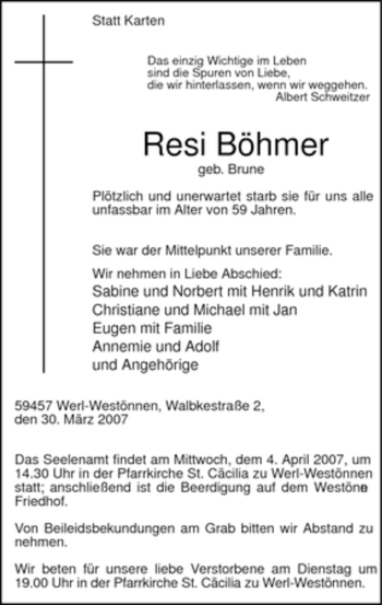 Todesanzeige von Resi Böhmer von WESTFÄLISCHER ANZEIGER