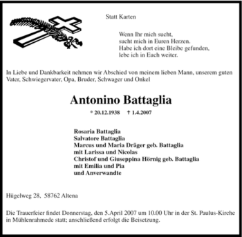 Todesanzeige von Antonino Battaglia von WESTFÄLISCHER ANZEIGER