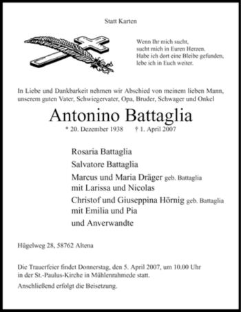 Todesanzeige von Antonino Battaglia von WESTFÄLISCHER ANZEIGER