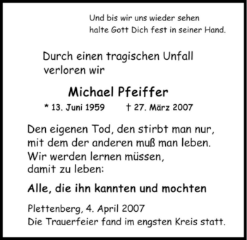 Todesanzeige von Michael Pfeiffer von WESTFÄLISCHER ANZEIGER