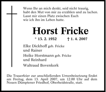 Todesanzeige von Horst Fricke von WESTFÄLISCHER ANZEIGER