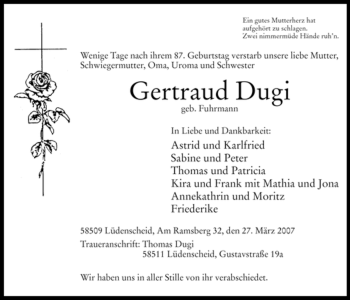 Todesanzeige von Gertraud Dugi von WESTFÄLISCHER ANZEIGER