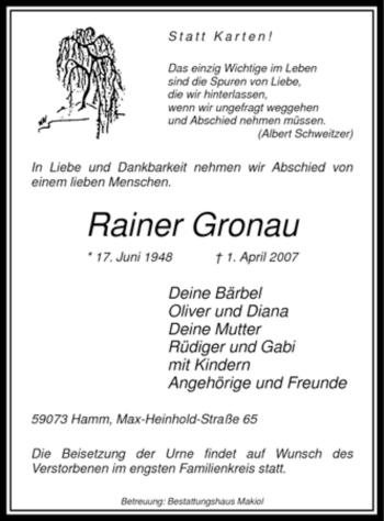 Todesanzeige von Rainer Gronau von WESTFÄLISCHER ANZEIGER