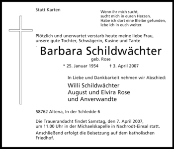 Todesanzeige von Barbara Schildwächter von WESTFÄLISCHER ANZEIGER