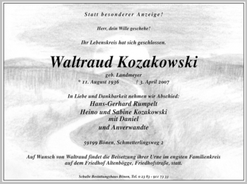 Todesanzeige von Waltraud Kozakowski von WESTFÄLISCHER ANZEIGER