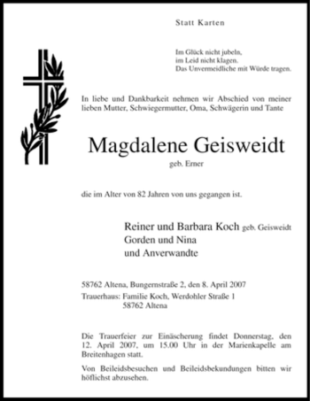 Todesanzeige von Magdalena Geisweidt von WESTFÄLISCHER ANZEIGER