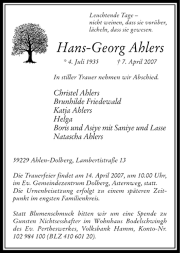 Todesanzeige von Hans-Georg Ahlers von WESTFÄLISCHER ANZEIGER
