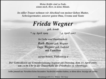 Todesanzeige von Frieda Wegner von WESTFÄLISCHER ANZEIGER