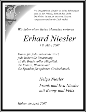 Todesanzeige von Erhard Niesler von WESTFÄLISCHER ANZEIGER