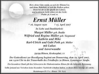 Todesanzeige von Ernst Müller von WESTFÄLISCHER ANZEIGER