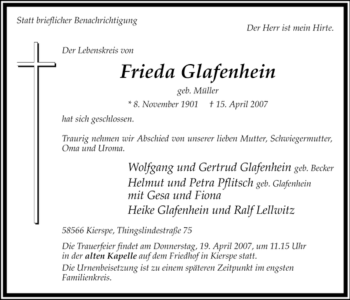 Todesanzeige von Frieda Glafenhein von WESTFÄLISCHER ANZEIGER