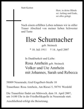Todesanzeige von Ilse Schumacher von WESTFÄLISCHER ANZEIGER