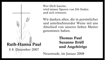 Todesanzeige von Ruth-Hanna Paul von WESTFÄLISCHER ANZEIGER