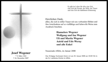 Todesanzeige von Josef Wegener von WESTFÄLISCHER ANZEIGER