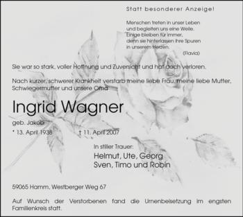 Todesanzeige von Ingrid Wagner von WESTFÄLISCHER ANZEIGER