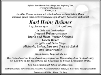 Todesanzeige von Karl Heinz Brämer von WESTFÄLISCHER ANZEIGER