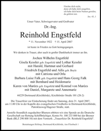 Todesanzeige von Reinhold Engstfeld von WESTFÄLISCHER ANZEIGER