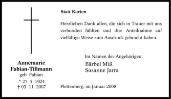 Todesanzeige von Annemarie Fabian-Tillmann von WESTFÄLISCHER ANZEIGER