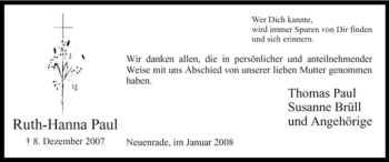 Todesanzeige von Ruth-Hanna Paul von WESTFÄLISCHER ANZEIGER