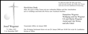 Todesanzeige von Josef Wegener von WESTFÄLISCHER ANZEIGER