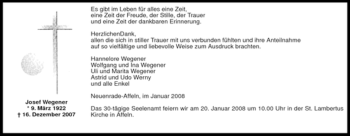 Todesanzeige von Josef Wegener von WESTFÄLISCHER ANZEIGER