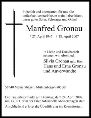 Todesanzeige von Manfred Gronau von WESTFÄLISCHER ANZEIGER