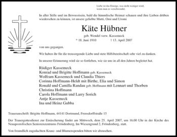 Todesanzeige von Käte Hübner von WESTFÄLISCHER ANZEIGER