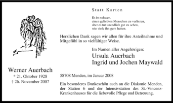 Todesanzeige von Werner Auerbach von WESTFÄLISCHER ANZEIGER