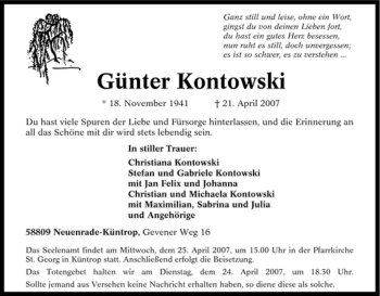 Todesanzeige von Günter Kontowski von WESTFÄLISCHER ANZEIGER