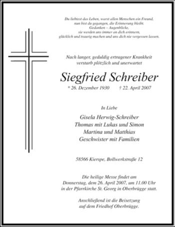 Todesanzeige von Siegfried Schreiber von WESTFÄLISCHER ANZEIGER