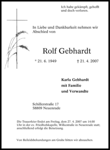 Todesanzeige von Rolf Gebhardt von WESTFÄLISCHER ANZEIGER