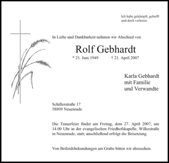 Todesanzeige von Rolf Gebhardt von WESTFÄLISCHER ANZEIGER