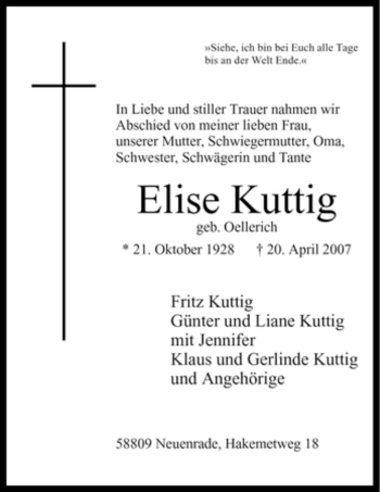 Todesanzeige von Elise Kuttig von WESTFÄLISCHER ANZEIGER