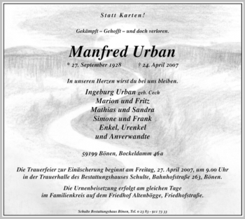 Todesanzeige von Manfred Urban von WESTFÄLISCHER ANZEIGER