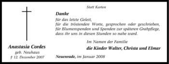 Todesanzeige von Anastasia Cordes von WESTFÄLISCHER ANZEIGER