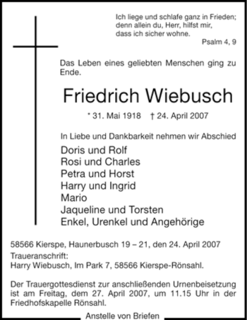 Todesanzeige von Friedrich Wiebusch von WESTFÄLISCHER ANZEIGER