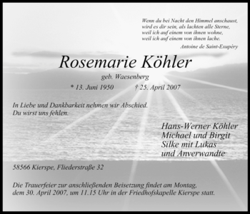 Todesanzeige von Rosemarie Köhler von WESTFÄLISCHER ANZEIGER